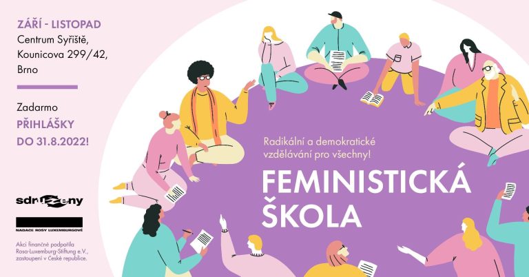 Grafika: lidi sedící v kruhu, diskutují nad texty, text: pozvánka na Feministickou školu do 31.08.2022